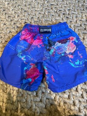 Vilebrequin Blue Swim Shorts with Pink & Teal World Map